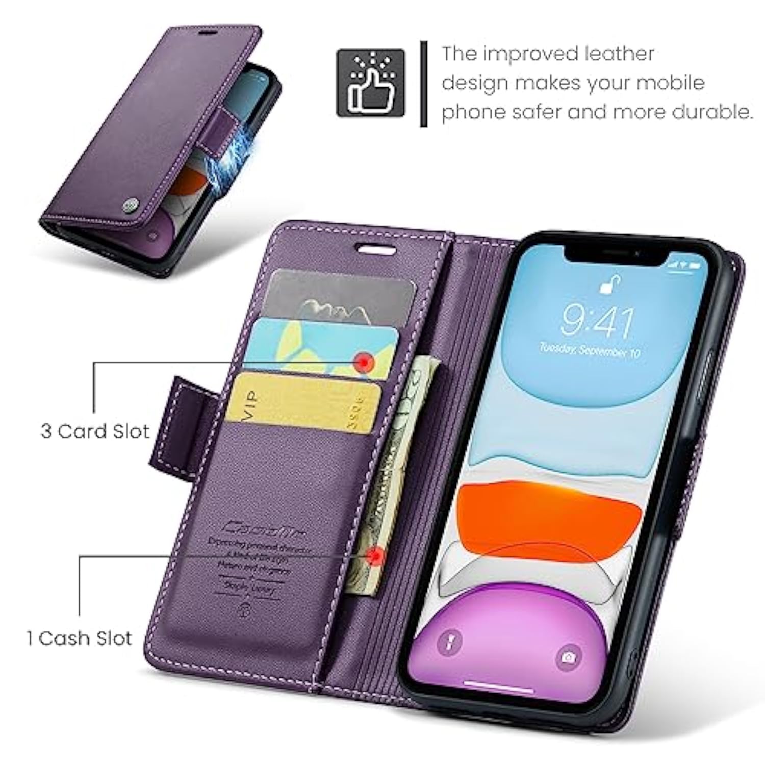 Wallet Case For Iphone 11, Premium Pu Leather Magnetic Flip Folio Case With Rfid Blocking Credit Card Slots Kickstand Shockproof Protective Phone Case Cover - Purple