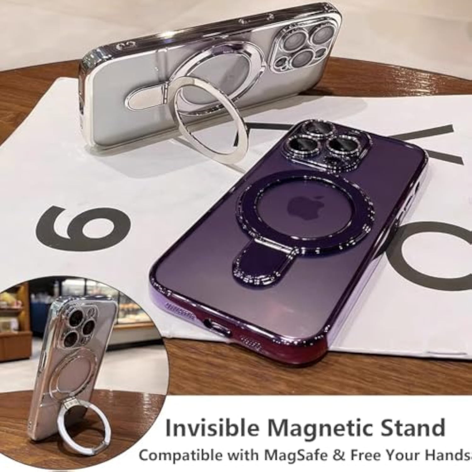 Magnetic Case for iPhone 15 Pro with MagSafe Stand & Ring Holder, Camera Lens Protector, Shockproof Phone Case for iPhone 15 Pro 6.1-Inch, Titanium Finish
