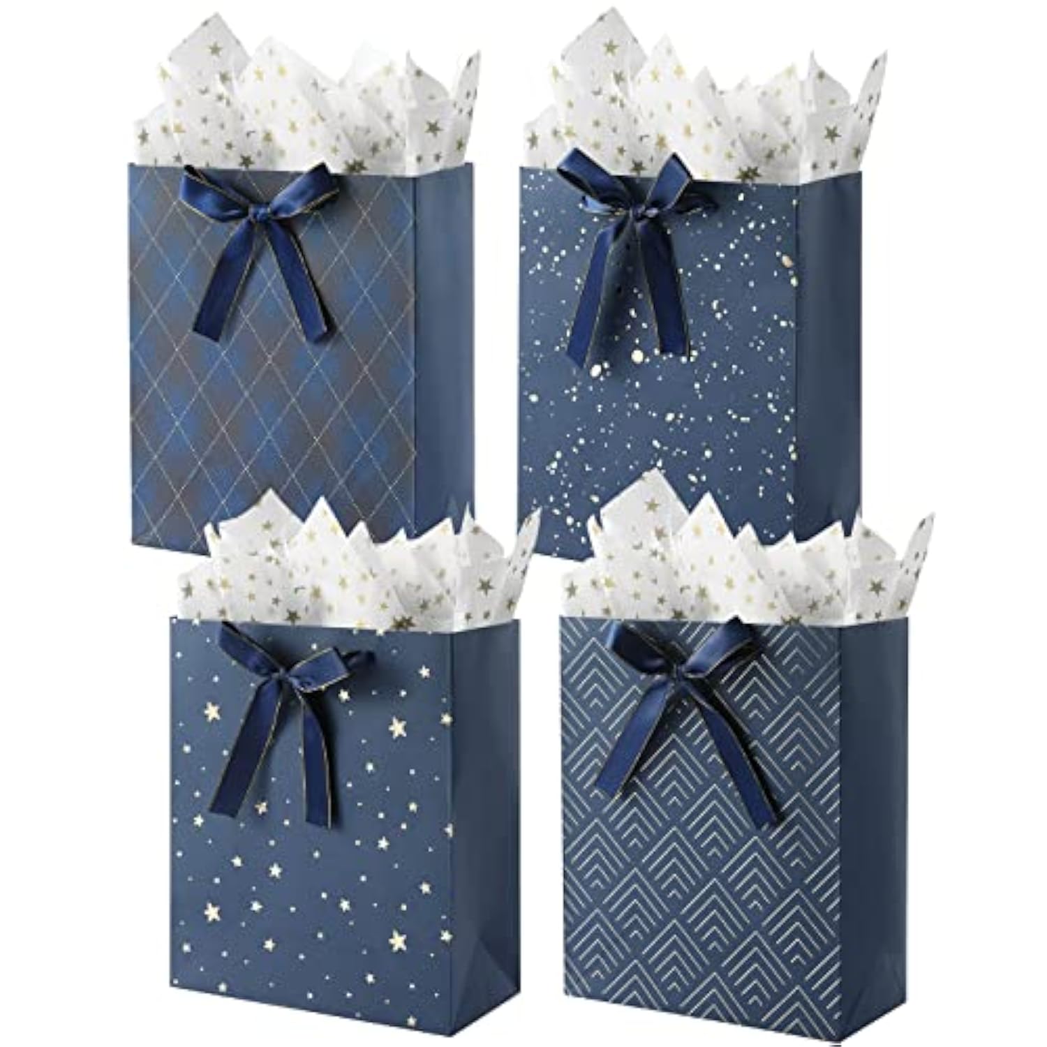 4 Pack 9" Medium Size Gift Bags Assorted Premium Blue Gift Bags With Tissue Paper Use For Birthdays, Baby Shower,Weddings,Party Favor, Holiday Presents-7" X 4" X 9"