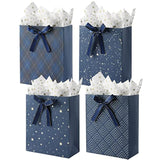 4 Pack 9" Medium Size Gift Bags Assorted Premium Blue Gift Bags With Tissue Paper Use For Birthdays, Baby Shower,Weddings,Party Favor, Holiday Presents-7" X 4" X 9"