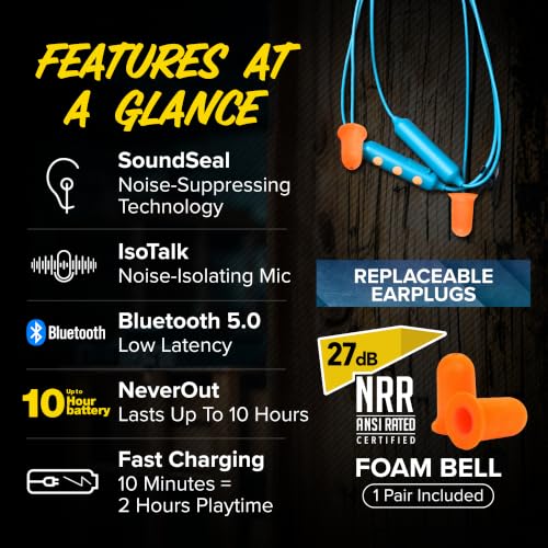 Basic Pro Bluetooth Foam Earplug Headphones - 27 Db Nrr Hearing Protection - Osha Approved Noise-Isolating Wireless Earbuds With Mic & Controls - For Work & Everyday Use - (Blue & Orange)
