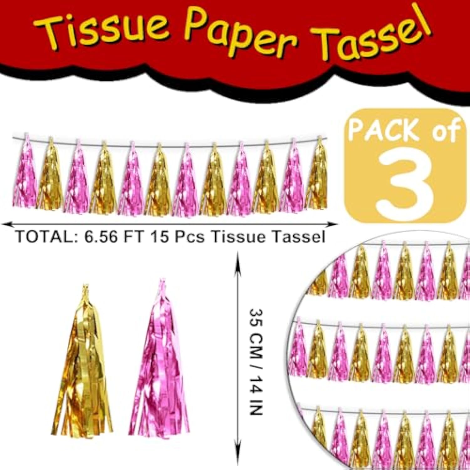 3P Gold Pink Metallic Fringe Tassel Banner Garland Foil Tinsel Streamer Wall Hanging Curtain Backdrop For Parade Floats, Graduation, Wedding, Bachelorette, Birthday, Retirement Party Decorations