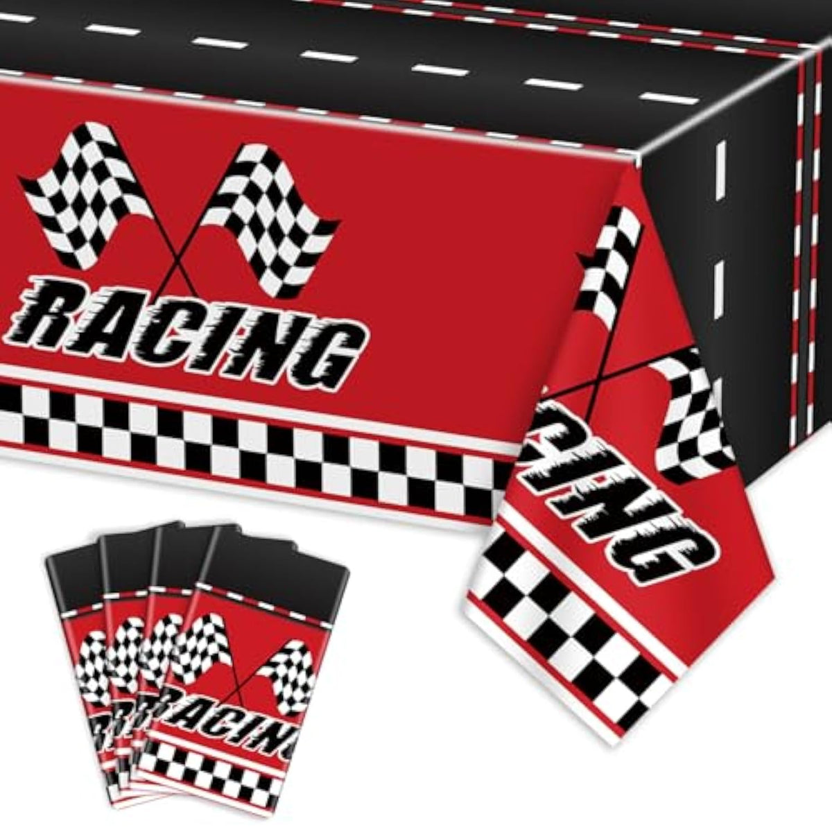4 Pcs Racing Car Tablecloths - Rectangular Checkered Road Table Cloths For Race Car Party Supplies Boys Baby Shower, 51 X 86''