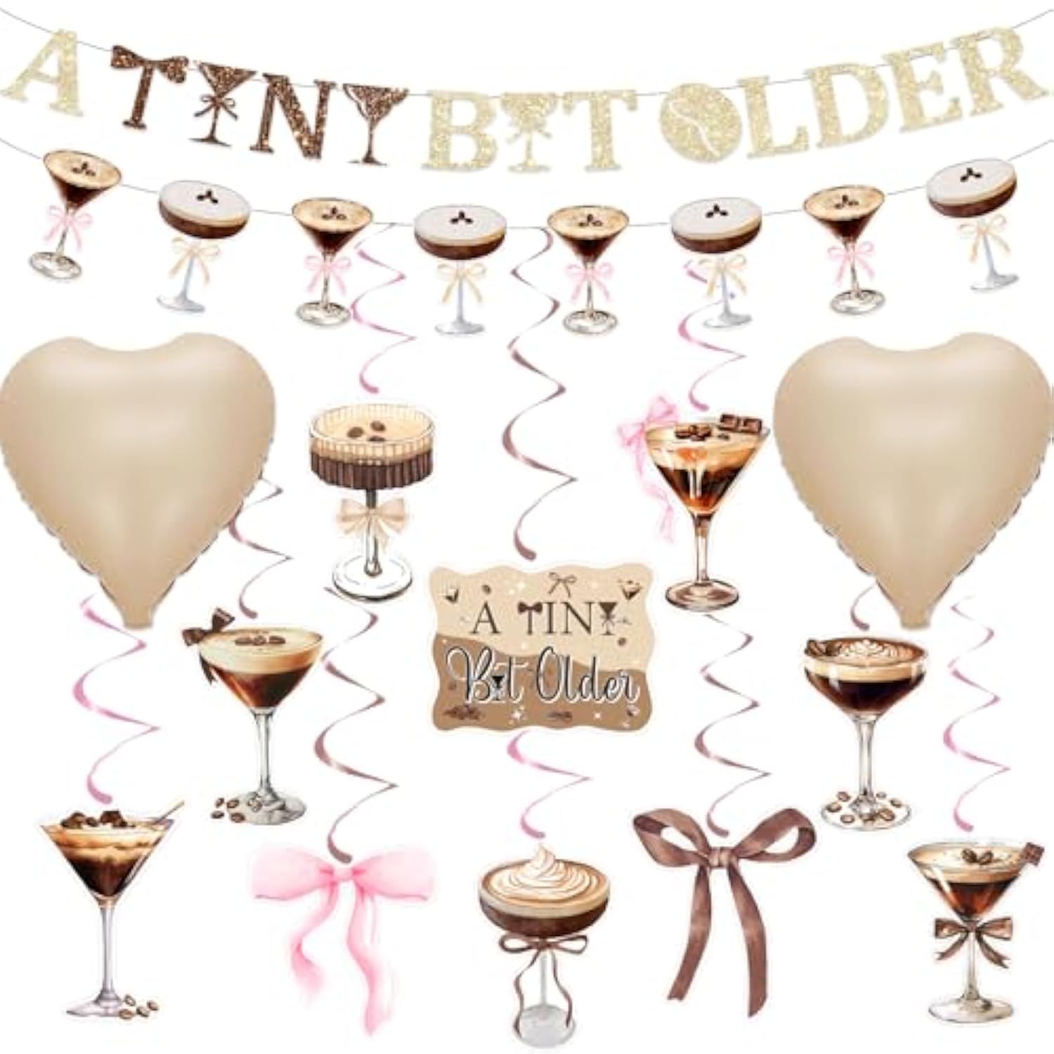24Pcs Espresso Martini Birthday Party Decorations, A Tiny Bit Older Birthday Decorations Gold Brown Glitter Banner Balloons Hanging Swirls For Girls Women Martini Bachelorette Bridal Shower Party Supplies