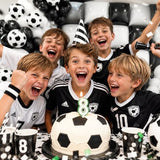 36pcs Black and White Square Foil Balloons Wall Backdrop with 114pcs Soccer Balloon Garland Arch Kit, Double Sided Balloons for World Soccer Boys Sports Theme Baby Shower Party Decorations Set