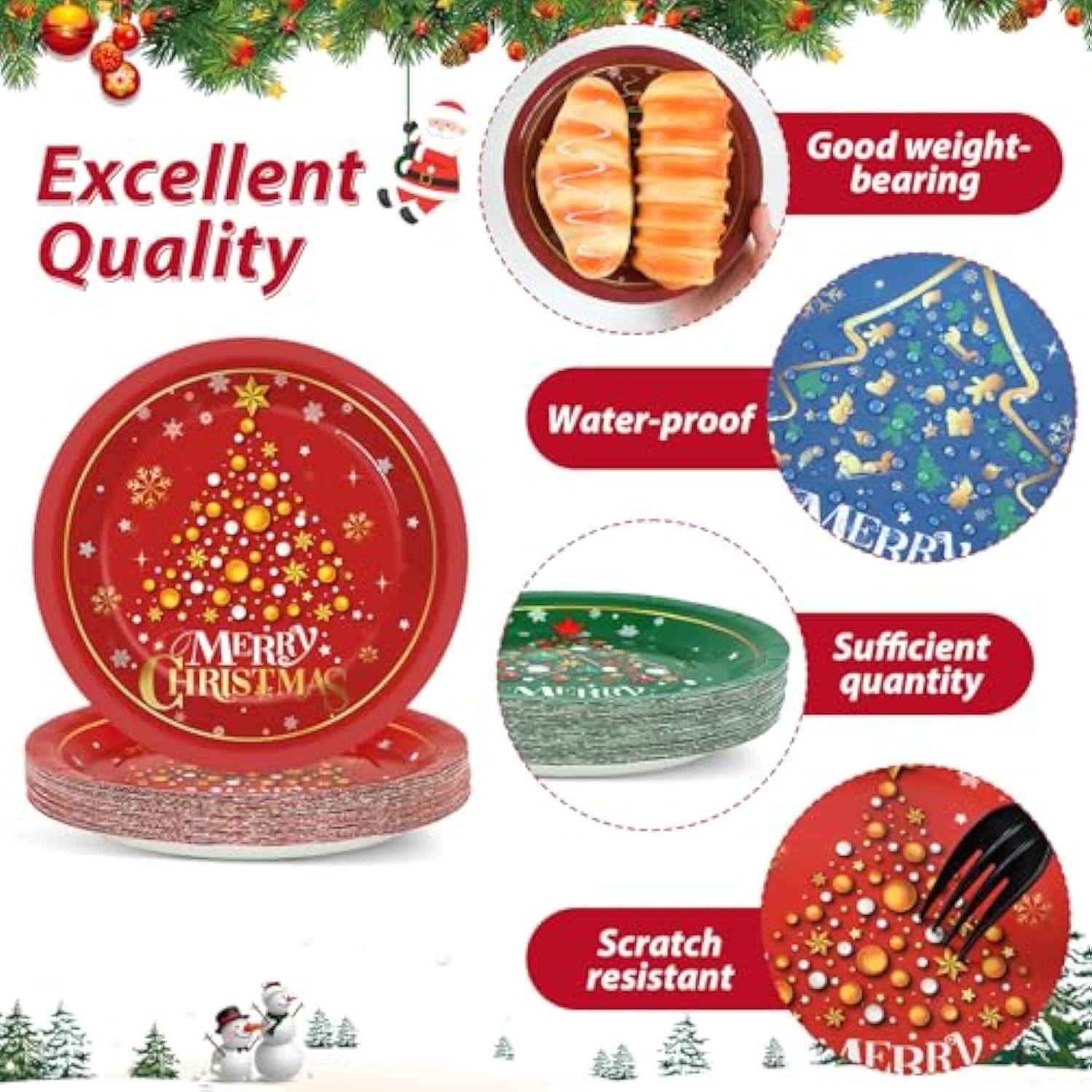 100 Pcs Christmas Tree Paper Plates Party Decorations Xmas Winter Plates 7Inch Disposable Merry Christmas Red Green Blue Snowflake Dinner Plates Tableware Set For Holiday New Year Party Supplies