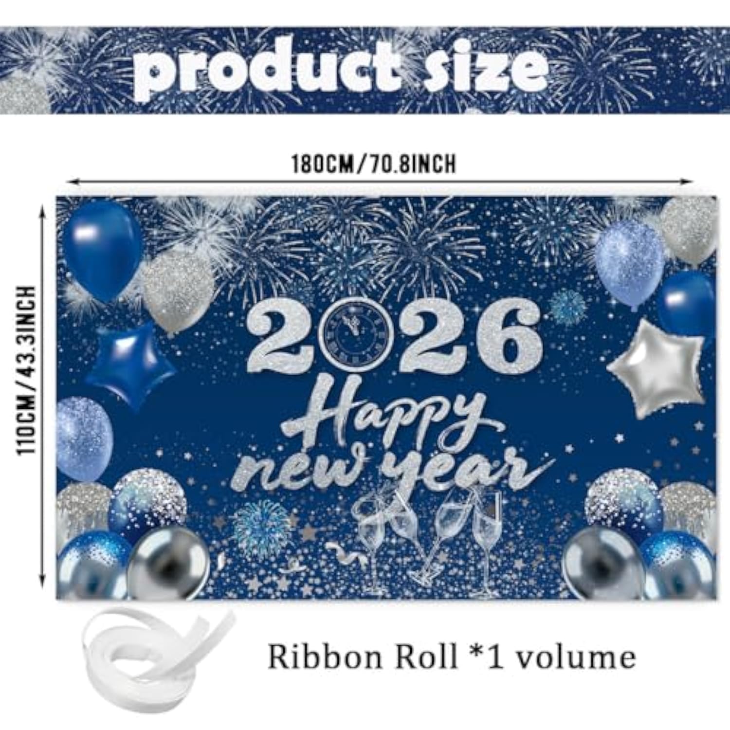 Happy New Year 2026 Blue Backdrop Banner for Party and Photo Booth Decor