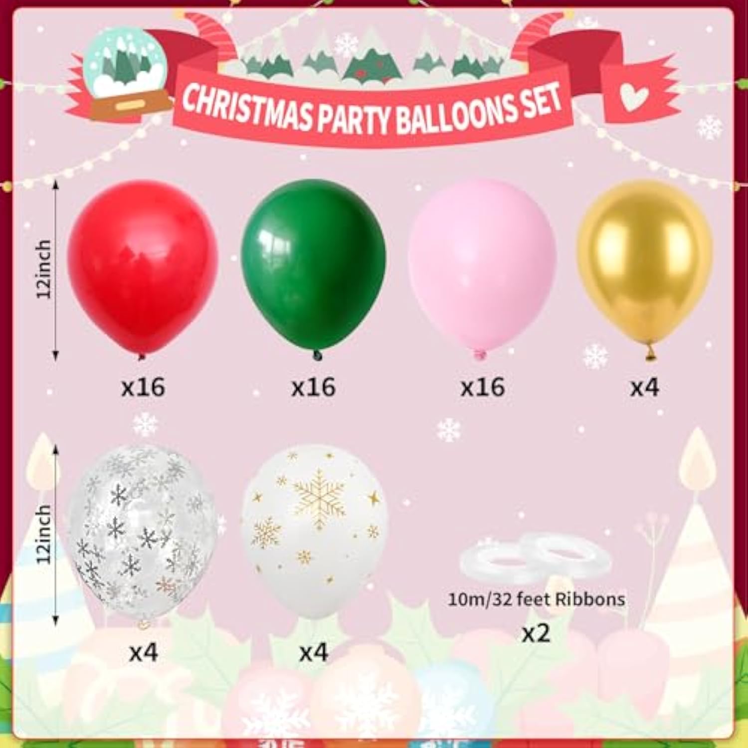 60pcs Christmas Balloons Red Green Pink Snowflake Confetti 12 Inch Party Supplies