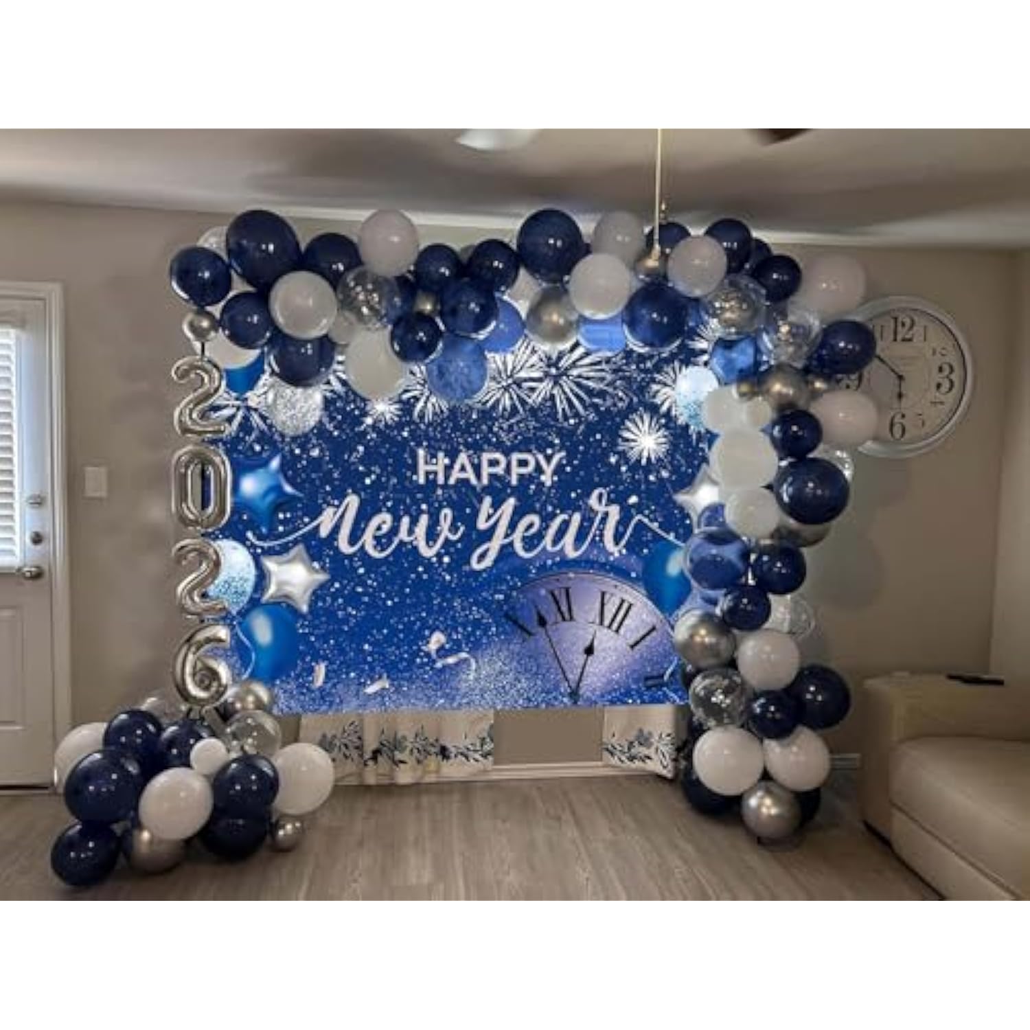 7x5ft Happy New Year 2026 Backdrop Blue Glitter Fireworks Party Banner