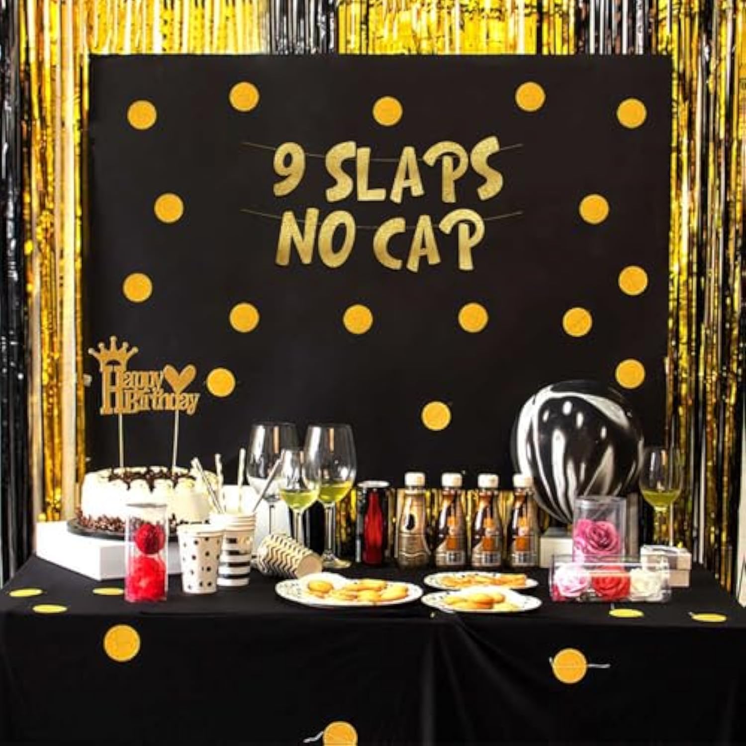 Pre-Strung 9 Slaps No Cap Gold Glitter Banner - Funny 9Th Birthday Decorations For Boys And Girls - Birthday Party Supplies And Gifts