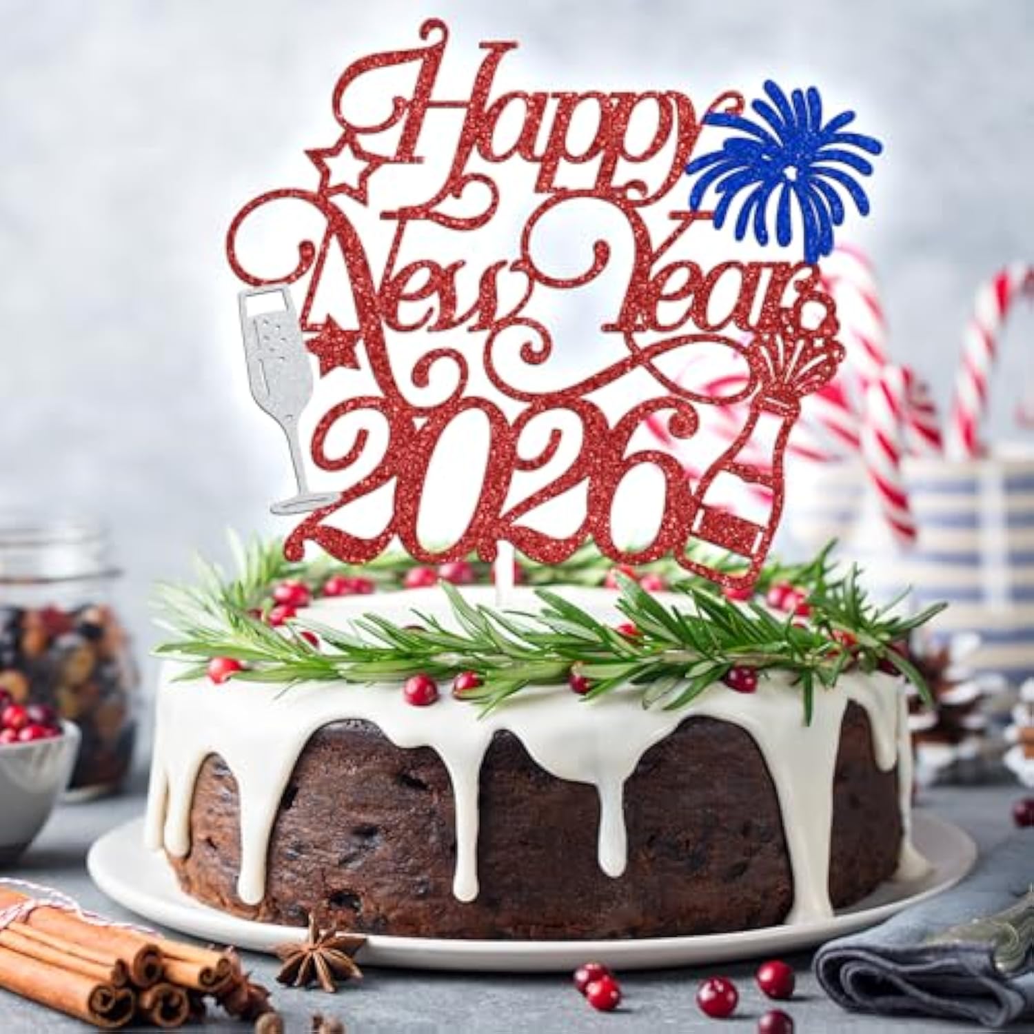 Happy New Year 2025 Cake Topper Blue Red Glitter Party Decoration