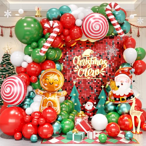 Christmas Balloon Garland Arch Kit, Christmas Balloon Arch with Metallic Green Red White Latex Balloons Snowflake Santa Foil Balloons Candy Cane for Xmas New Year Party Decoration