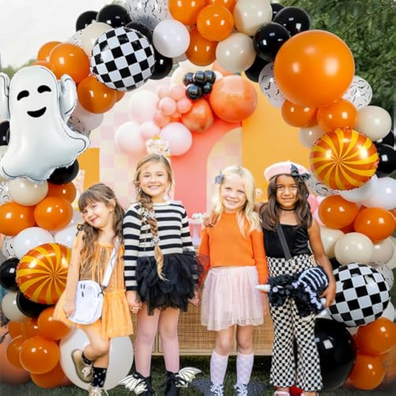 Halloween Balloon Arch Kit: Ghost, Bats & Checkered Foil Balloons