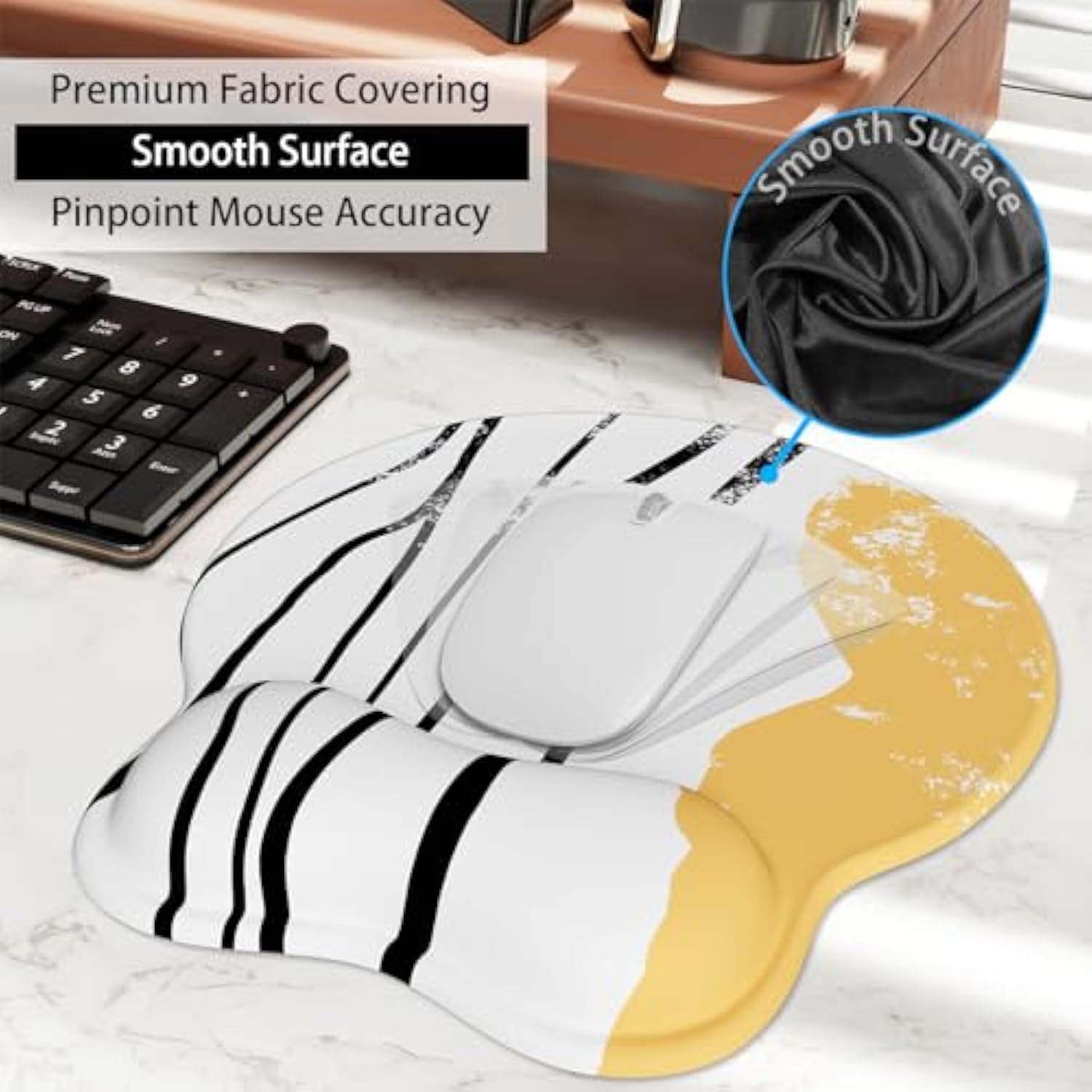Mouse Pad With Wrist Rest Ergonomic Gaming Mouse Pad Non-Slip Computer Mouse Pad And Coaster 2 In 1 Set For Office, Abstract Yellow, Medium