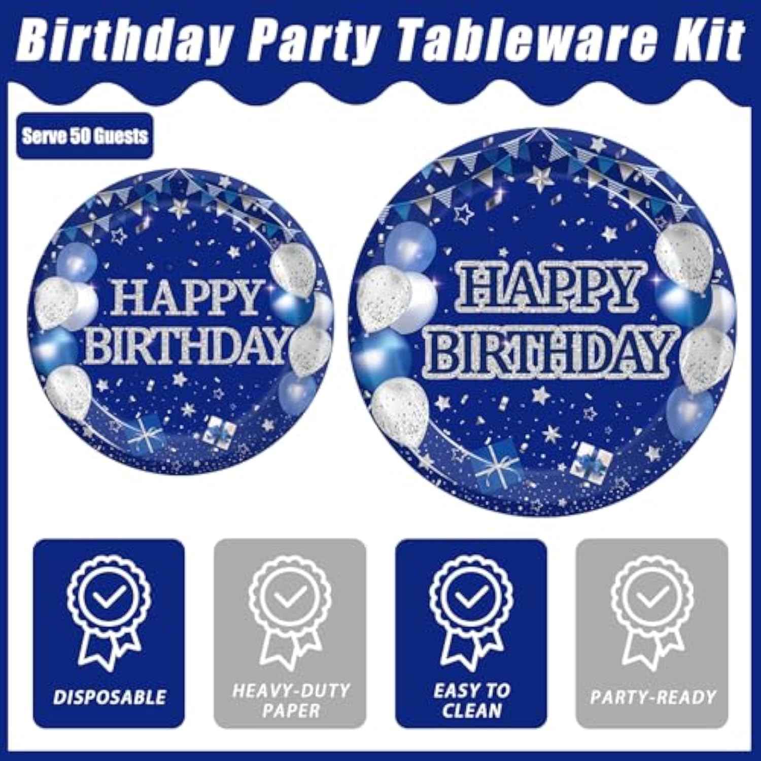 200Pcs Blue Birthday Party Tableware Set, Navy Blue And Silver Birthday Party Decorations Supplies For Men Women Party Dessert Plates Napkins Forks Favors, Serve 50