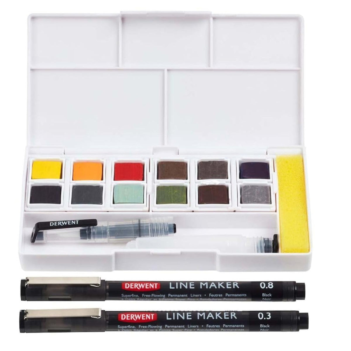 Derwent Line & Wash Paint Set, Professional Quality, Fine Line Pens, Inktense Colors, Art Supplies for Adults, Portable, Travel Set Includes 12 Paint Pans, 2 Line Makers, Mixing Palettes, Sponge