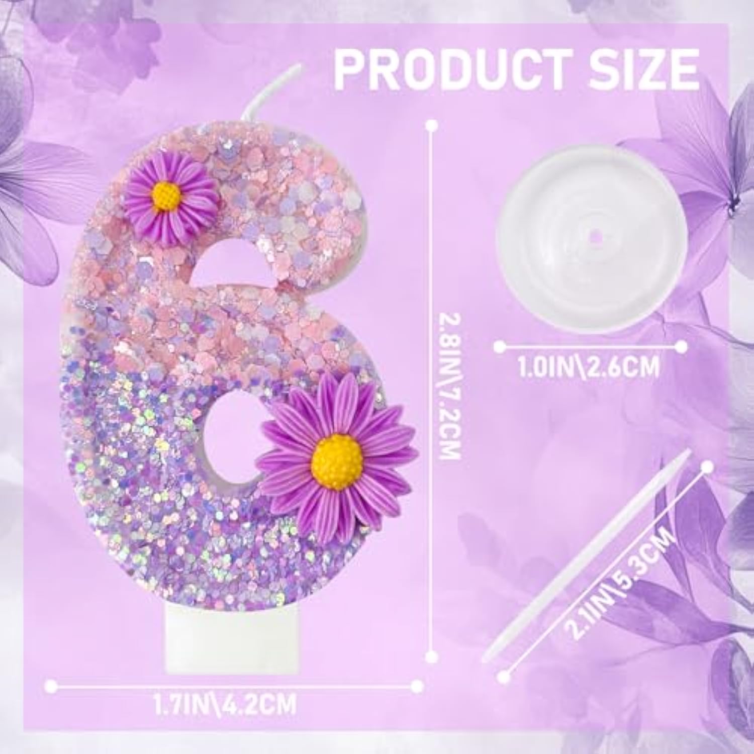 Purple Flower Birthday Candles,Number 6 Birthday Candles For Cake,Suitable For Cartoon Birthday Parties Cake Decor, Wedding Anniversary And Other Celebrations Supplies (6 Candle)