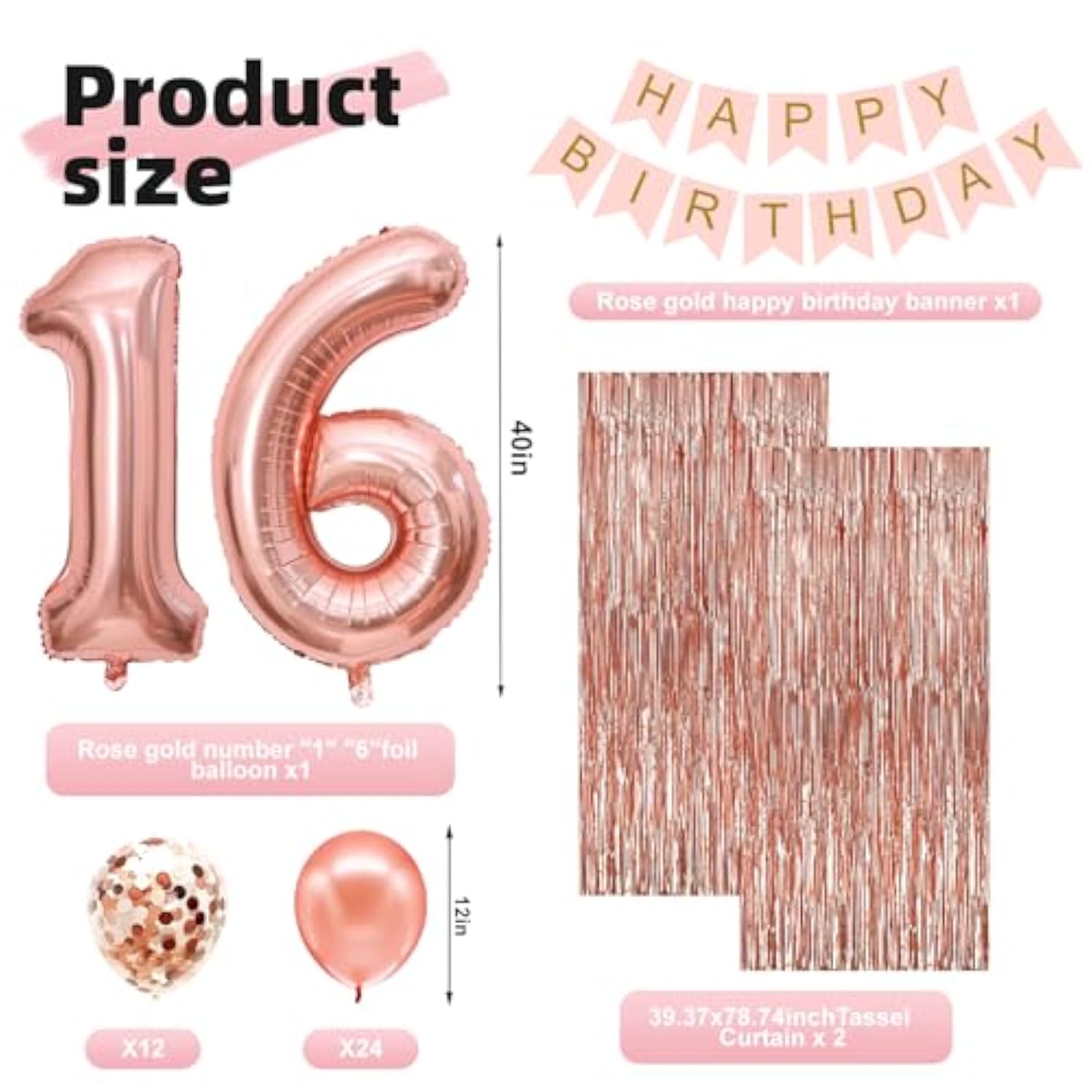 Sweet 16 Party Decorations,16Th Birthday Boxes Decor For Girls Women Sweet Sixteen Happy Birthday Banner Kits Pink Rose Gold Foil Balloons Party Supplies Rose Gold Tassel Curtain