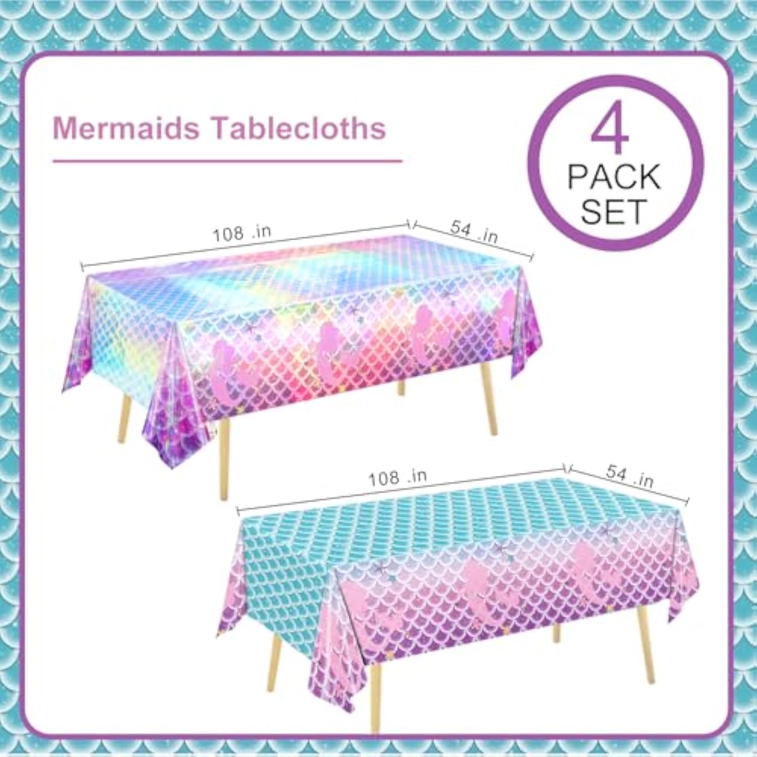 4 Pack Mermaid Tablecloth Mermaids Laser Table Cover For Girls Mermaid Birthday Party Decorations, 108X54 Inch