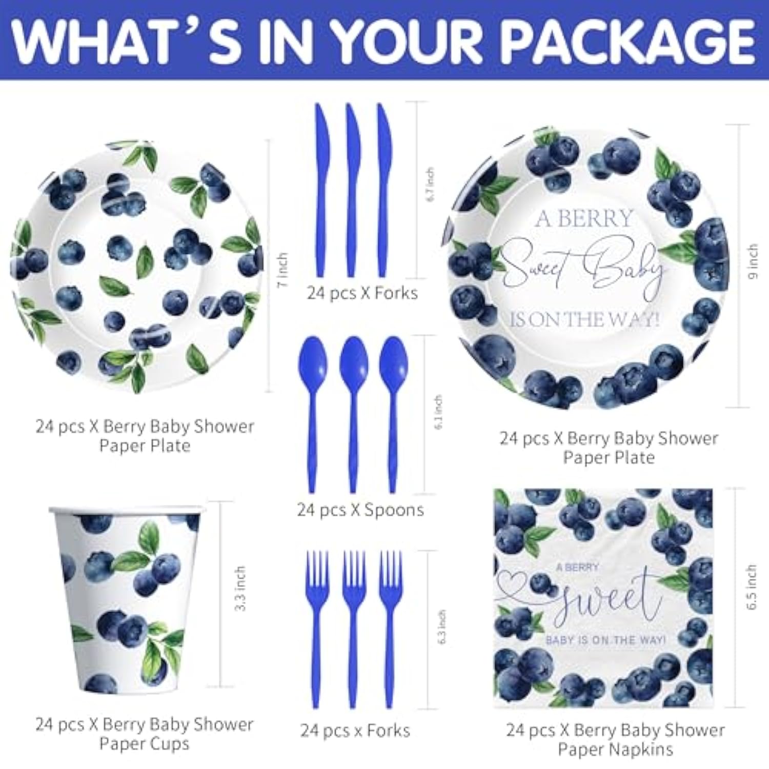 Blueberry Baby Shower Decorations Tableware, Fruit Theme Blue Berry Sweet Baby Shower Party Supplies, Paper Plate, Cup, Napkin, Disposable Cutlery, Serves 24