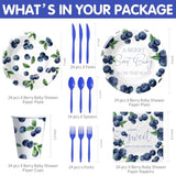 Blueberry Baby Shower Decorations Tableware, Fruit Theme Blue Berry Sweet Baby Shower Party Supplies, Paper Plate, Cup, Napkin, Disposable Cutlery, Serves 24