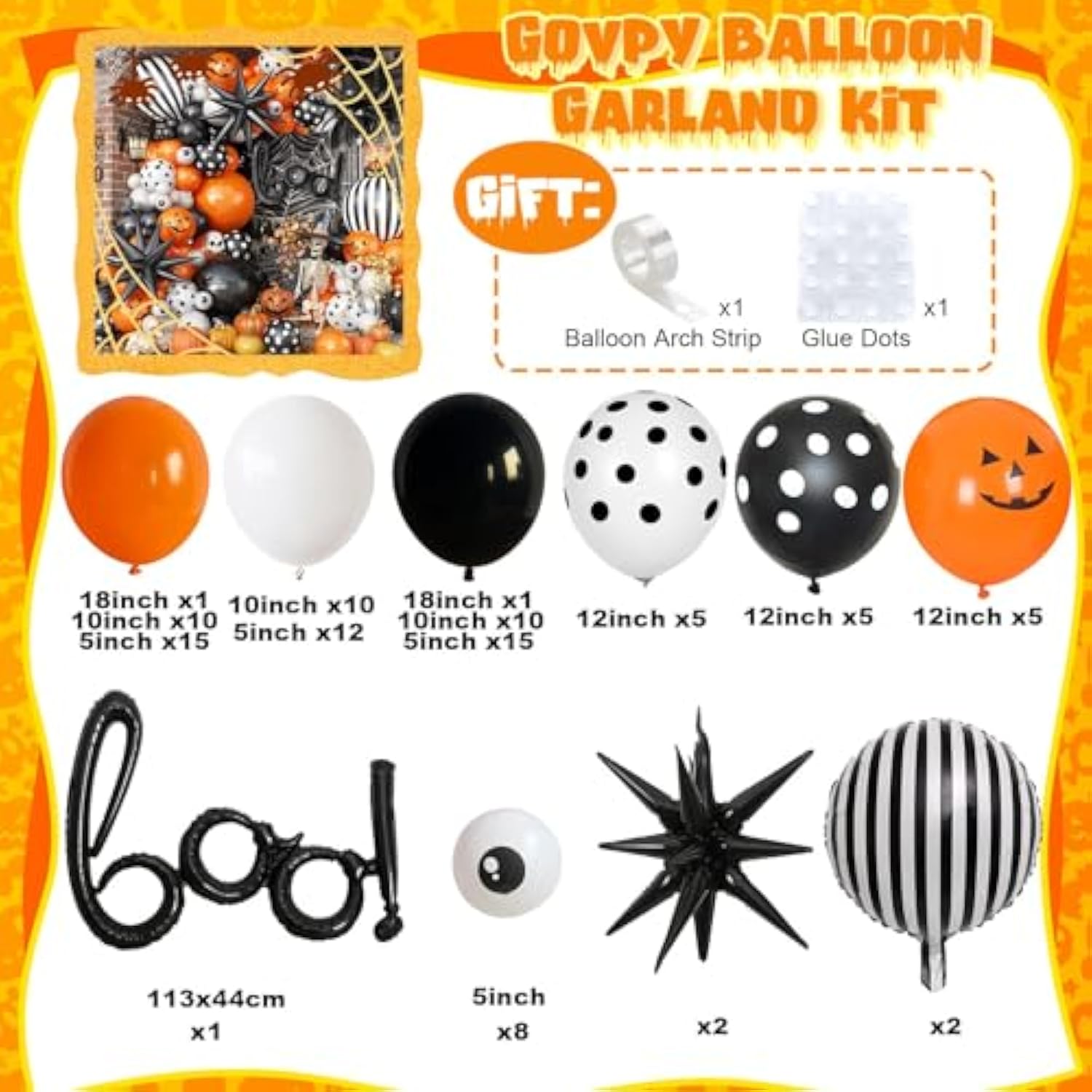 Halloween BOO Balloon Arch Garland Kit Orange Black White Pumpkin Eyeball Spider Party Decor