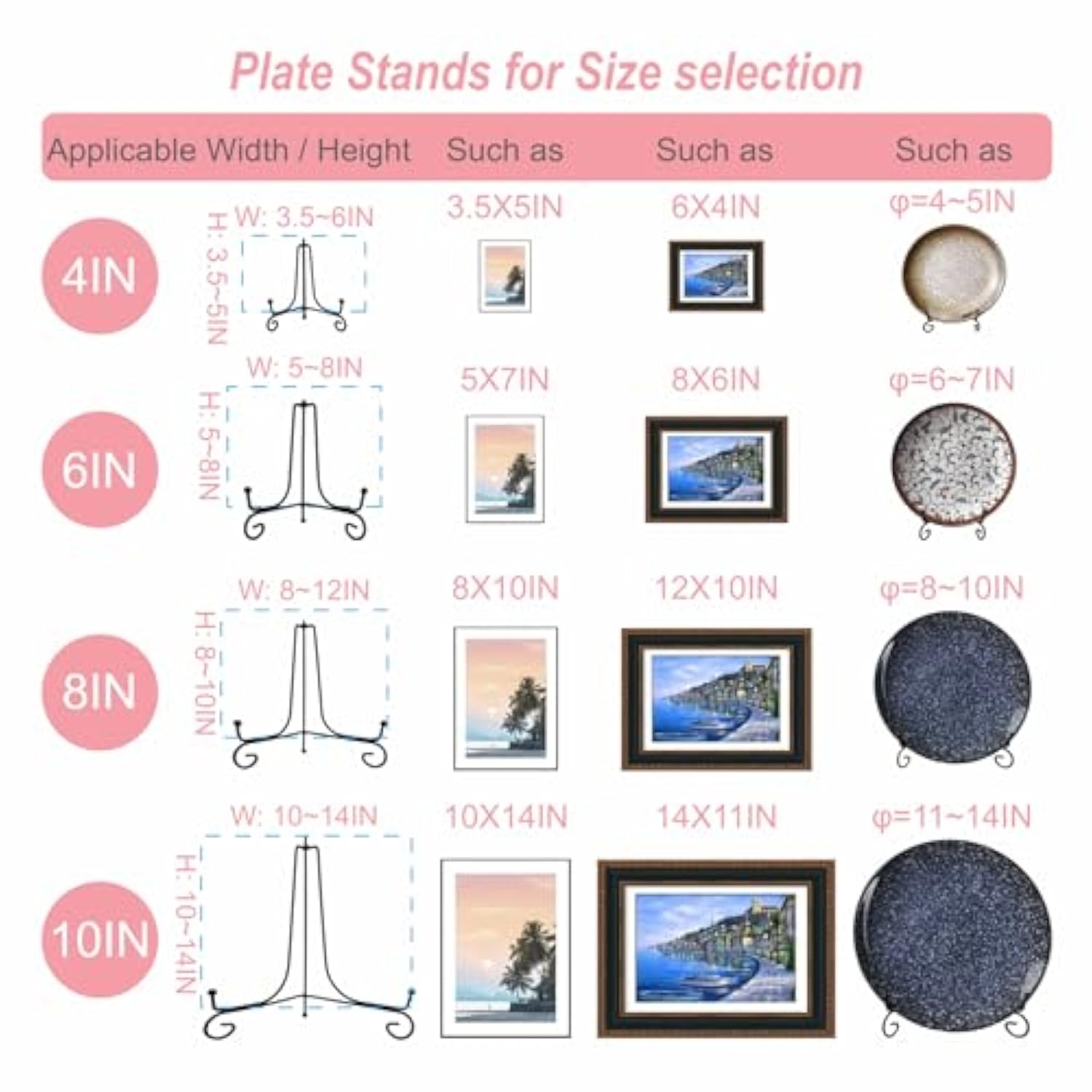 6Pcs 3 Size Black Iron Plate Stands For Display - 4, 6, 8 Inch Decorative Metal Plate Holders - Mini Easel, Frame, Book, Card, Plaque, Bowl, Picture Display Stands