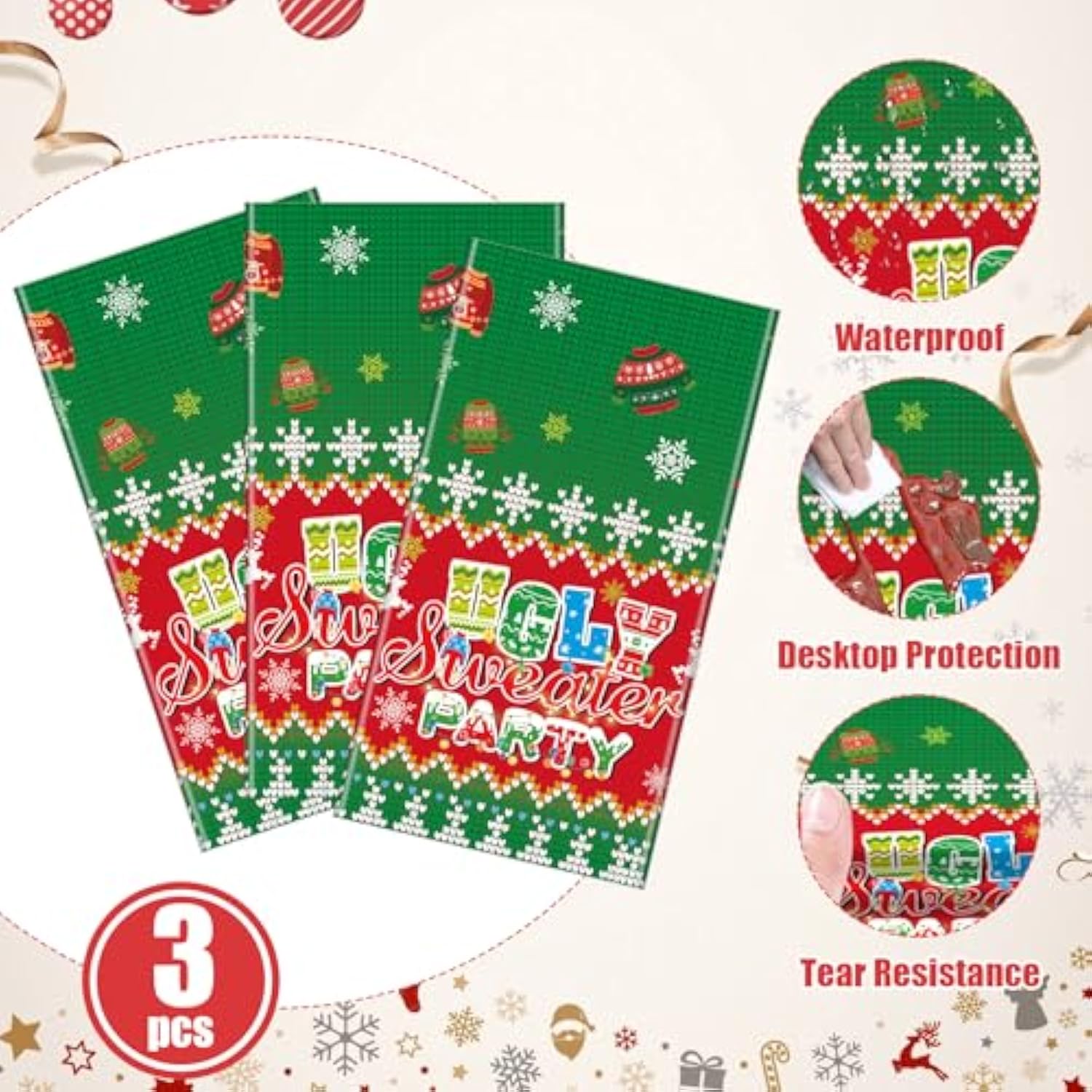 3 Pcs Christmas Ugly Sweater Tablecloths 54x108 Inch Disposable Holiday Party Decor