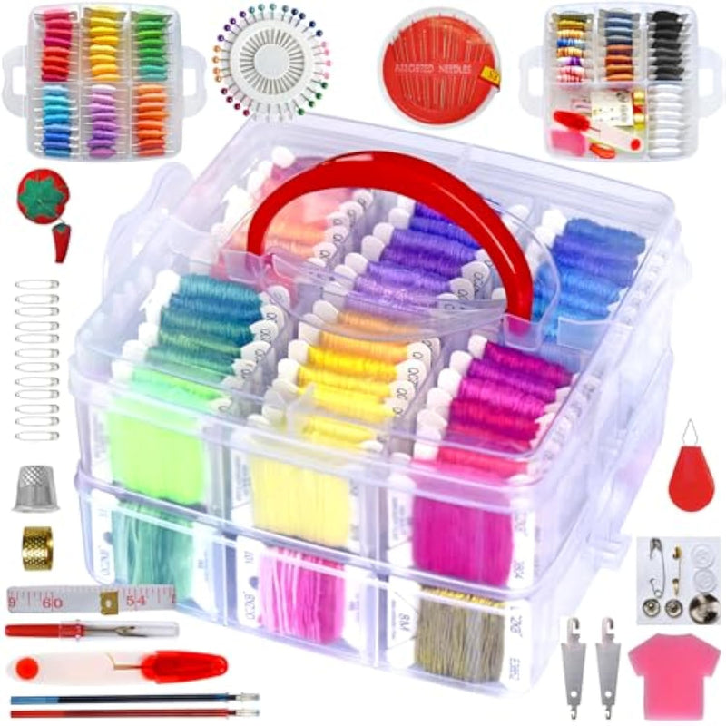 188 Embroidery Floss Set Including Cross Stitch Threads Friendship Bracelet String With 2-Tier Transparent Box, Floss Bobbins And Cross Stitch Kits