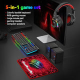 Gaming Keyboard And Mouse Set And Mouse Pad,Headset,Speaker, 5 In 1 Bundle Wired Led Rainbow Backlight For Laptop, Pc Gamers, Xbox, Ps4 And Work- Black