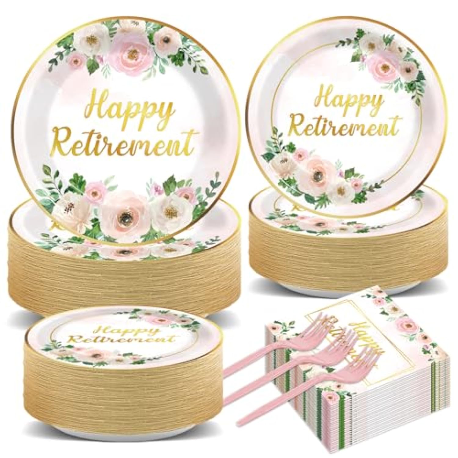 200Pcs Flower Retirement Party Decor For Women White Peony Happy Retirement Plates Tableware Pink Gold Floral Retirement Dinnerware Napkin For Goodbye Going Away Farewell Party Supplies 50 Guests