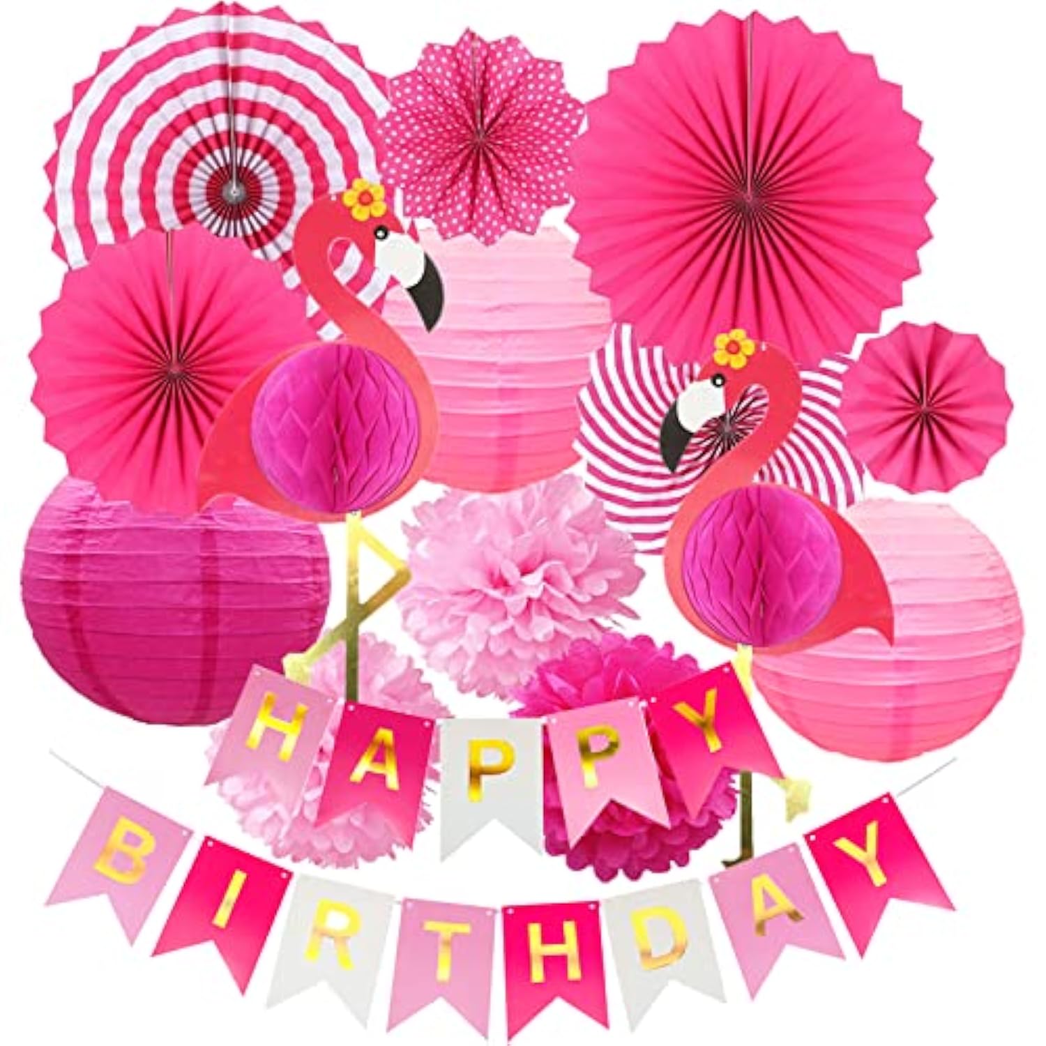 Hawaiian Flamingo Party Decoration Birthday Banner,Hanging Pink Paper Fan Decoration Set Of 6,For Hawaiian Summer Beach Party Birthday Party