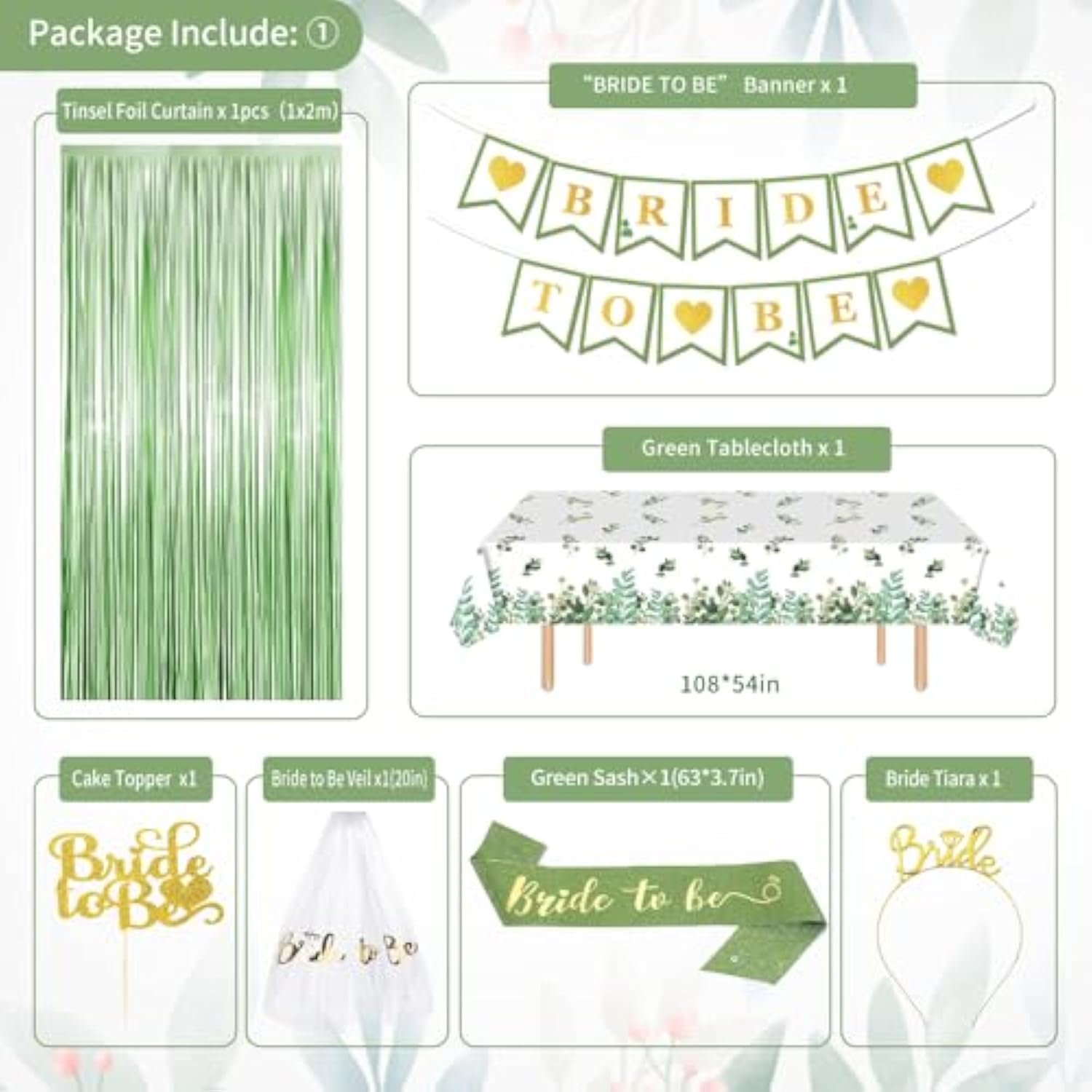 53pcs Sage Green Bridal Shower Kit with Banner, Balloons, Sash, Tiara & More