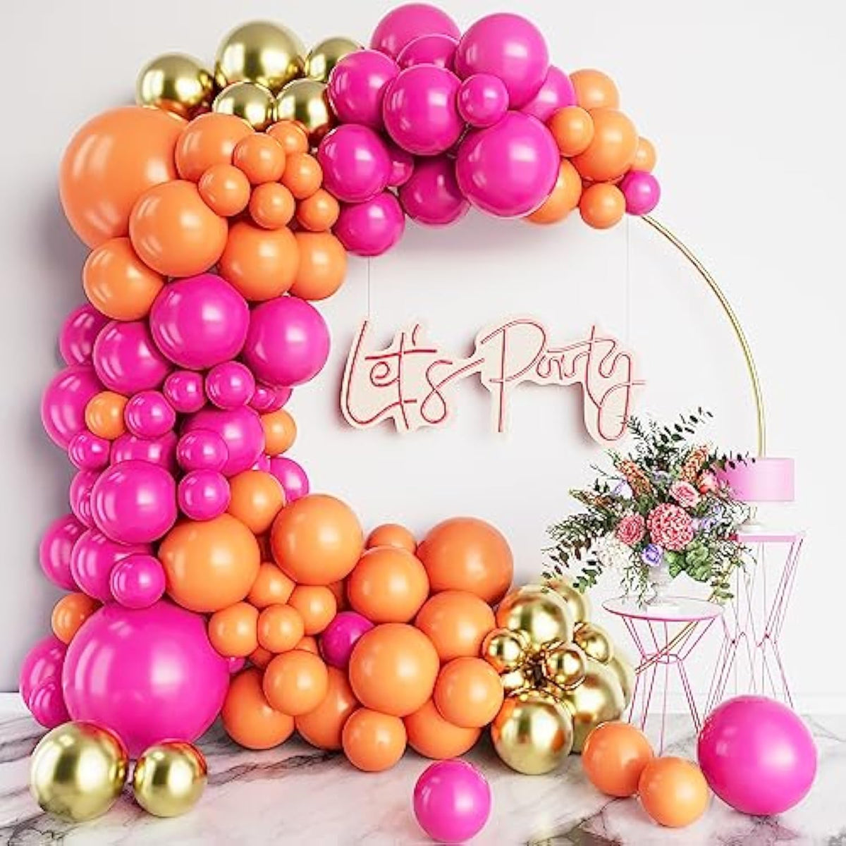 Hot Pink And Orange Balloon Arch Garland Kit-Metallic Gold Balloon 132Pcs For Princess Birthday,Engagement,Graduation,Hawaii,Baby Shower,Thanksgiving.