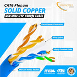 Cat6 Plenum (Cmp) 1000Ft Cable | 100% Solid Copper Conductors | 550 Mhz,23Awg