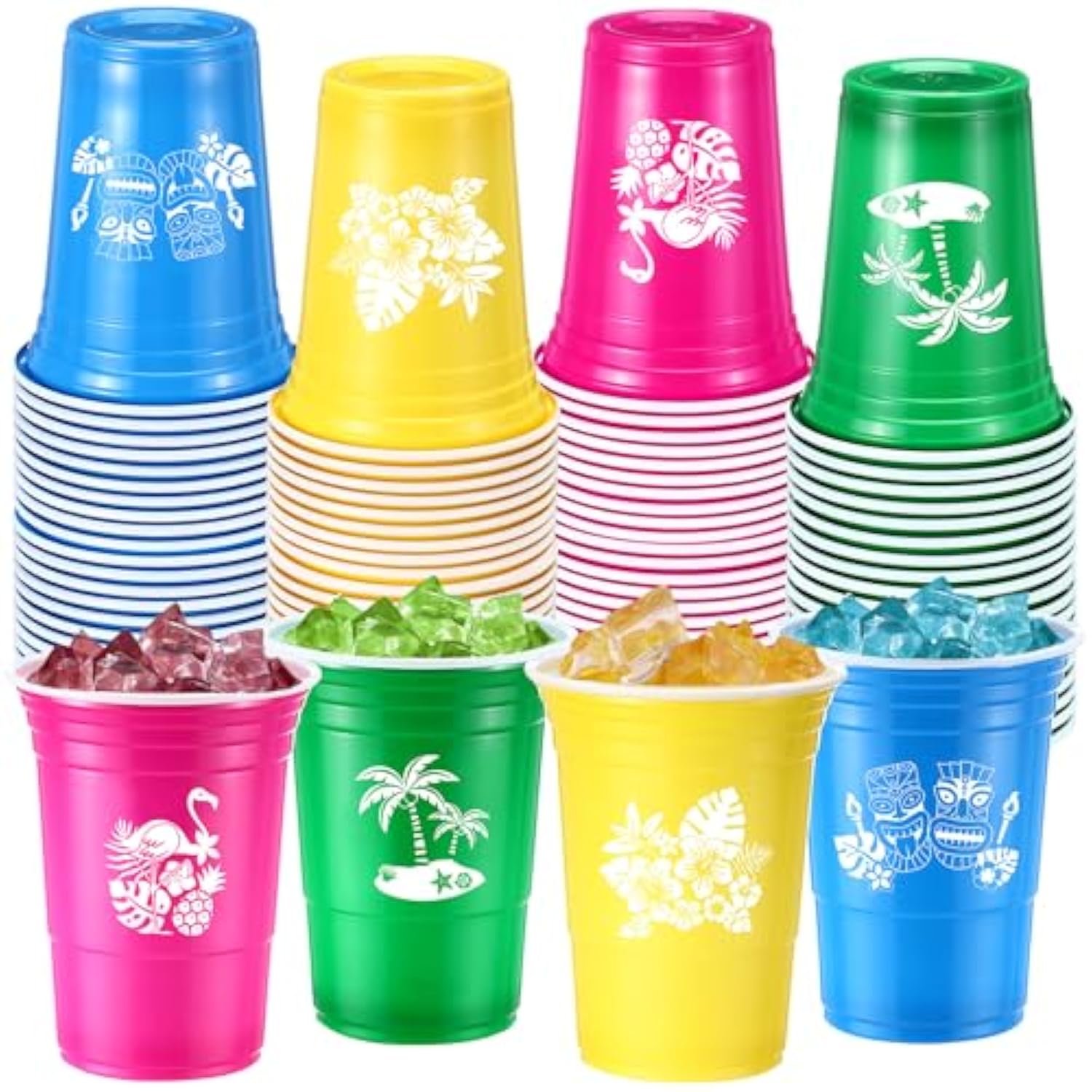 48 Pcs Hawaiian Luau Party Plastic Cups 16 Oz Summer Beach Tropical Plastic Disposable Cup Hot Cold Drink Wine Coffee For Birthday Tiki Bar Party Favors Supplies