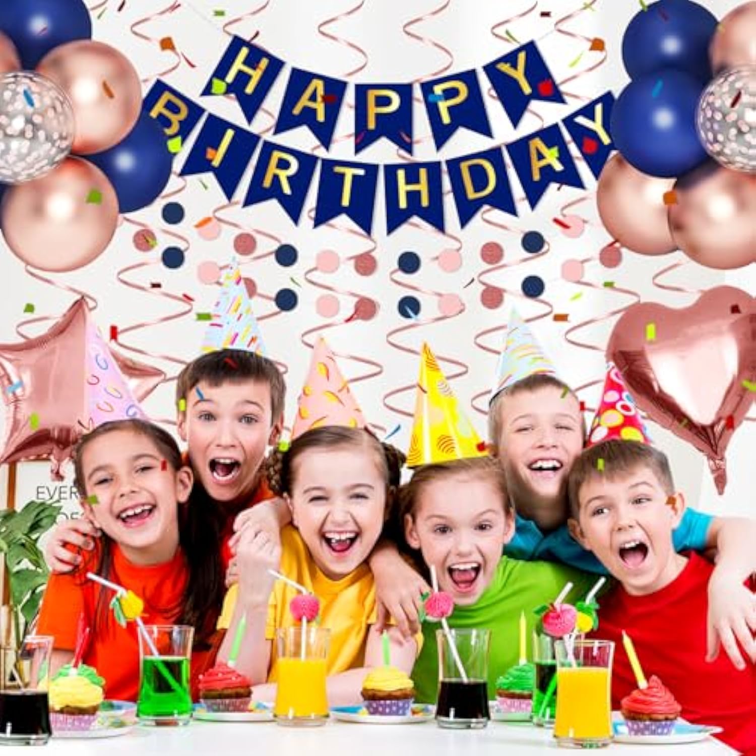 Navy Blue Rose Gold Happy Birthday Decorations Kit, Rose Gold Balloons Birthday Party Supplies For Women Girls Men, Happy Birthday Banner, Circle Dot Garland, Fringe Curtains, Latex Confetti Balloons