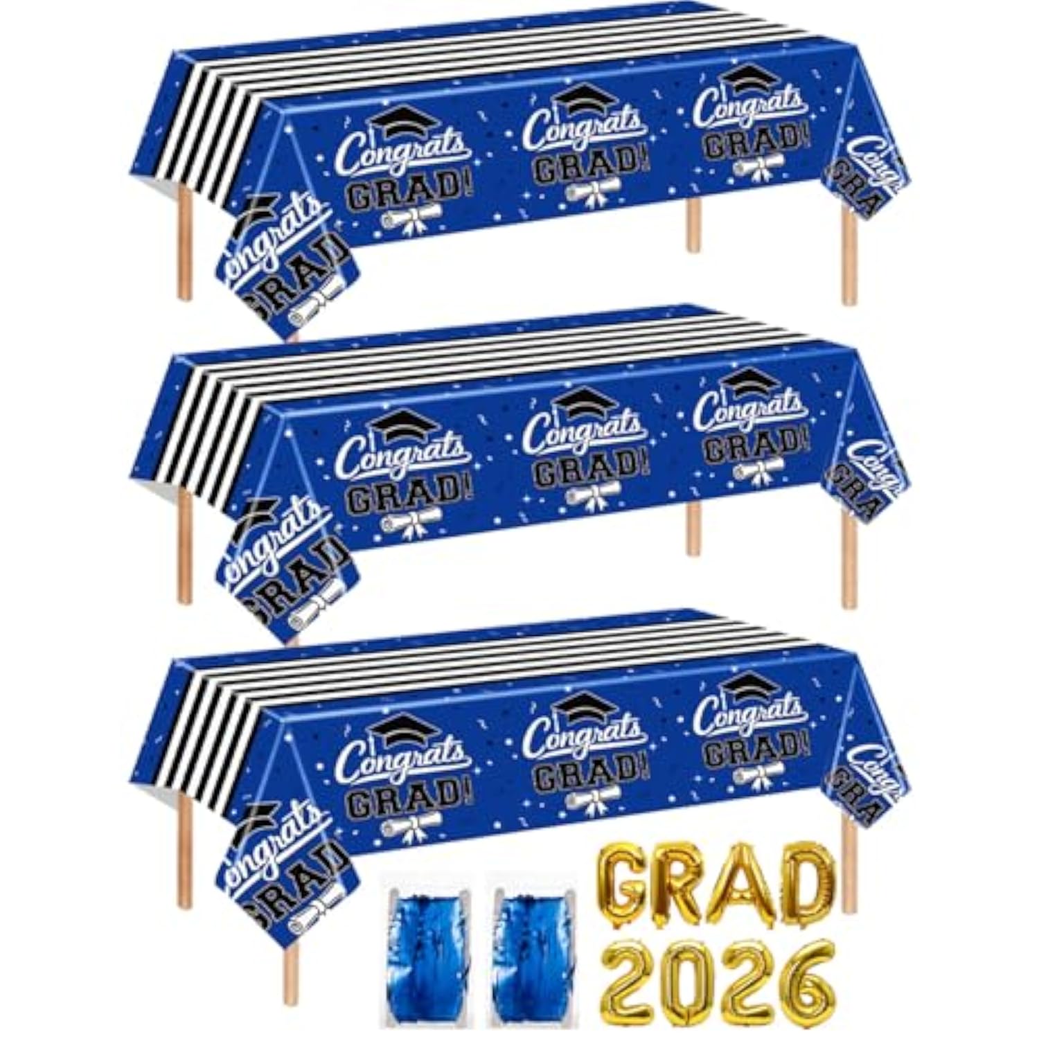 7-Pack Graduation Party Decorations Kit: 3 Blue Graduation Tablecloths (54"X108") + 2 Foil Balloons (2026 & Grad) + 2 Matching Foil Backdrop Curtains, Leakproof & Sturdy