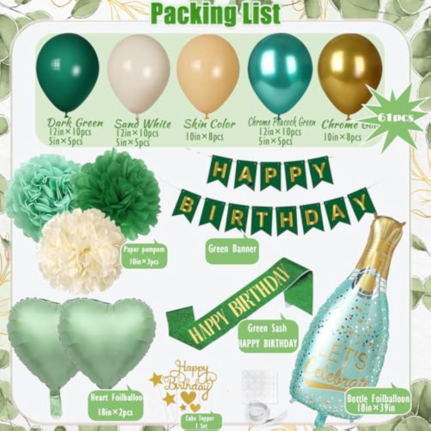 Green Birthday Decorations,Birthdays Decoration For Women,Emerald Green Party Decorations,Sage And Gold Balloons,Happy Birthday Banner Paper Pom Poms For Women Men Neutral Birthdays