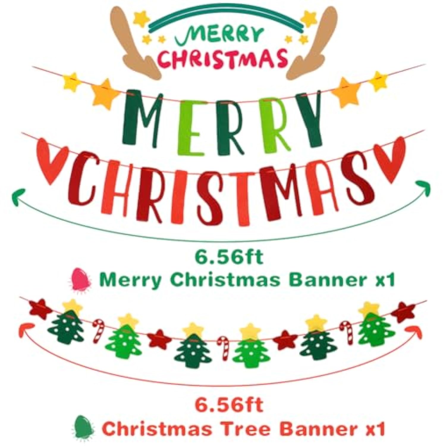 Merry Christmas Felt Banner, Christmas Tree, Candy Cane, Star Xmas Garland, Red And Green Felt String For Holiday Christmas Party Decorations, Home Wall Fireplace Windows Indoor Outdoor Decor