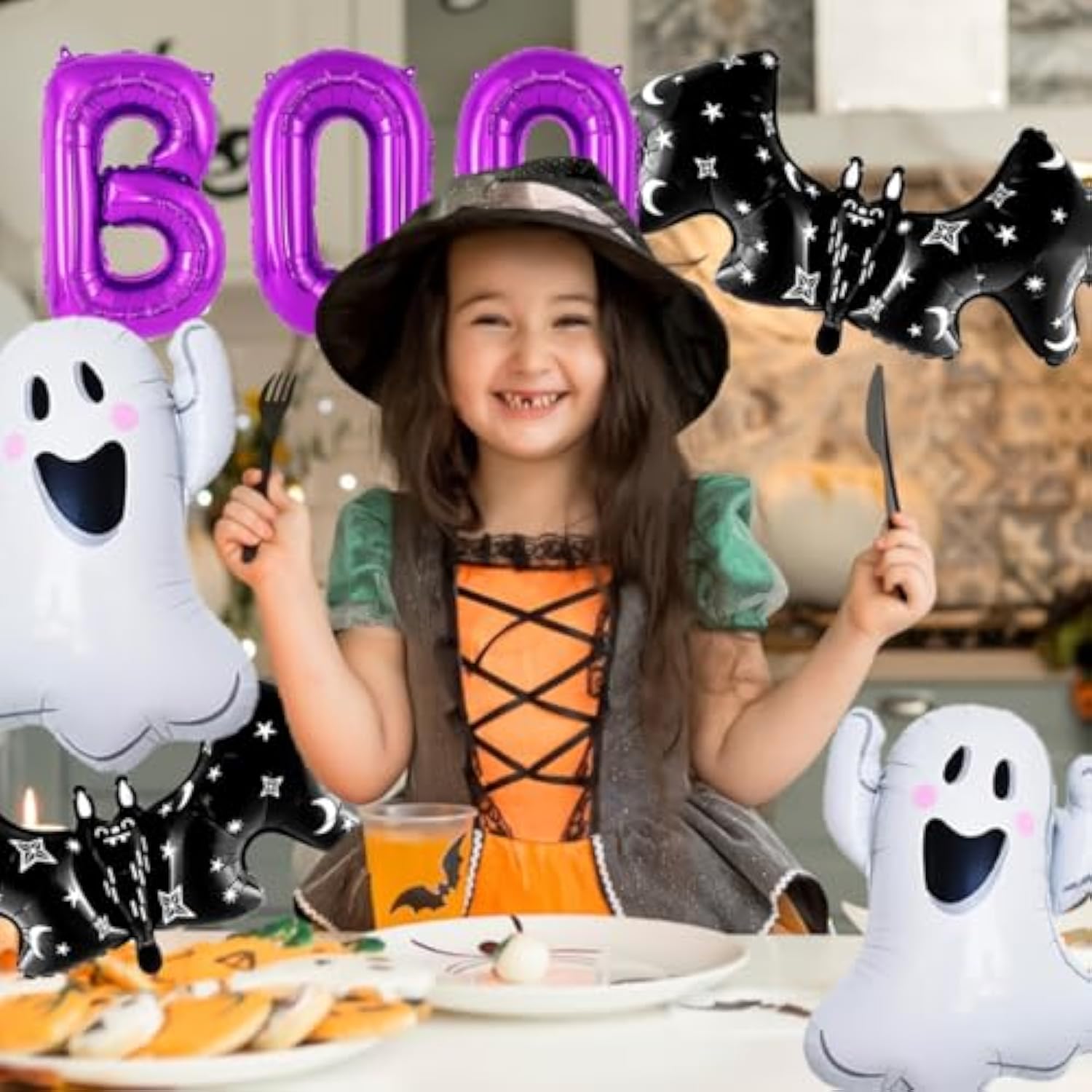 9PCS Halloween Balloon Set Bat Ghost BOO Purple Foil Balloons for Spooky Party Decor