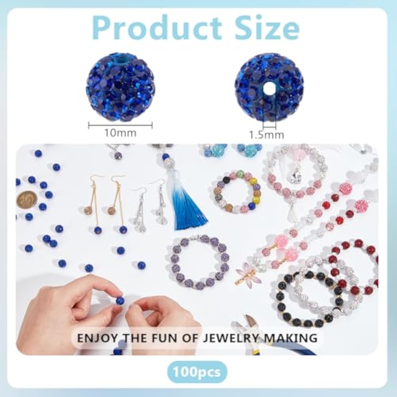 100pcs 10mm Blue Rhinestone Clay Beads for Jewelry & Party Decoration