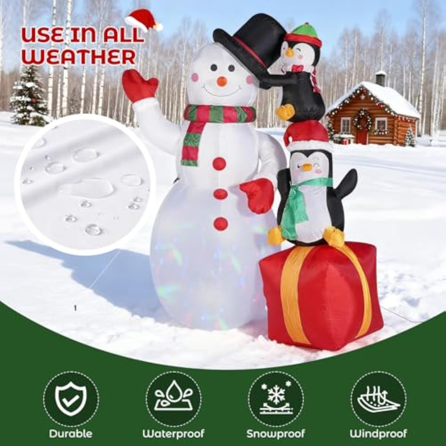 Christmas Inflatables Snowman With Penguins, Xmas Blow Up Magic Hat Snow Man With Rotating Led Lights, Outdoor Decoratio