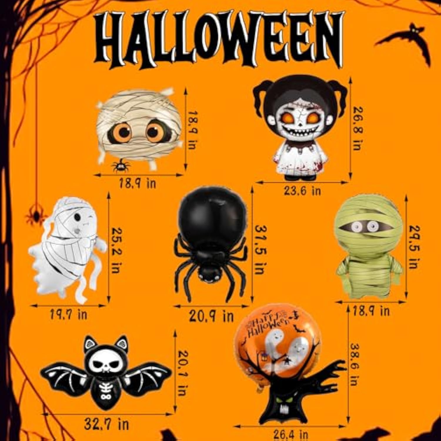 7Pc Halloween Balloons – Mummy, Spider, Bat & Ghost Party Decorations