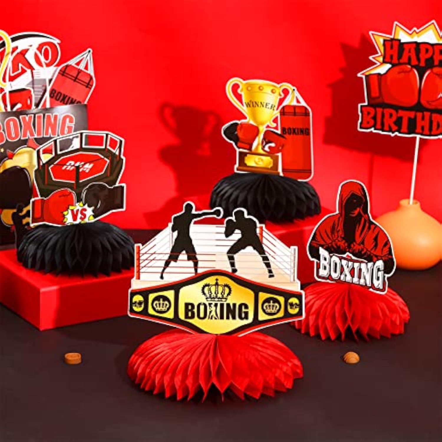 8 Pieces Boxing Birthday Honeycomb Centerpieces - Boxing Match Birthday Party Decorations Red Black Gold, Boxer Gloves Platform Table Decor For Wrestle Fitness Fight Sports Party