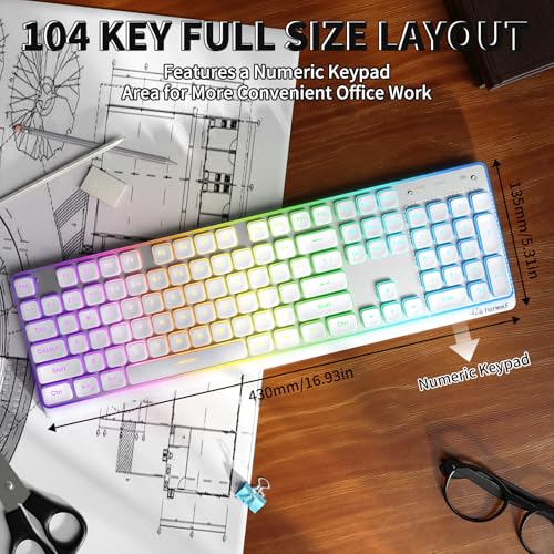 M104 Rgb Wireless Keyboard, Low-Profile Silent Membrane Keys, 2.4G Bluetooth Usb Wired, Spill-Resistant, Rechargeable Full-Size 104-Key Keyboard For Pc Mac, White