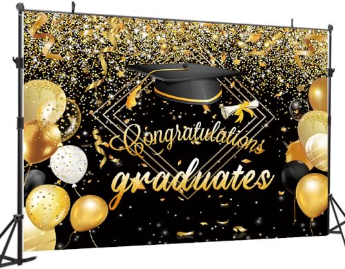 7X5FT Black Congrats Graduation Backdrop Class of 2024 Photography Background Gold Bachelor Cap Celebration Party Decorations Banner Picture Photo Booth DH-603