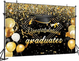 7X5FT Black Congrats Graduation Backdrop Class of 2024 Photography Background Gold Bachelor Cap Celebration Party Decorations Banner Picture Photo Booth DH-603