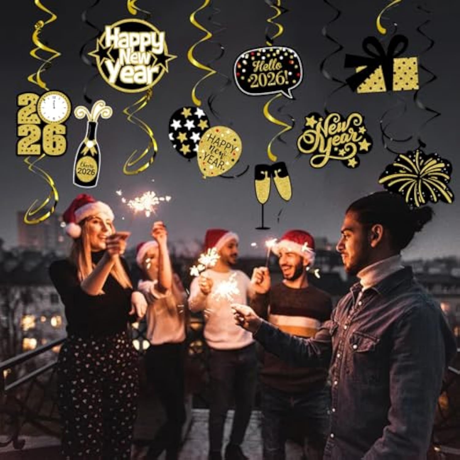16pc Black Gold 2026 Swirl Streamers Banner New Year’s Eve Party Decor