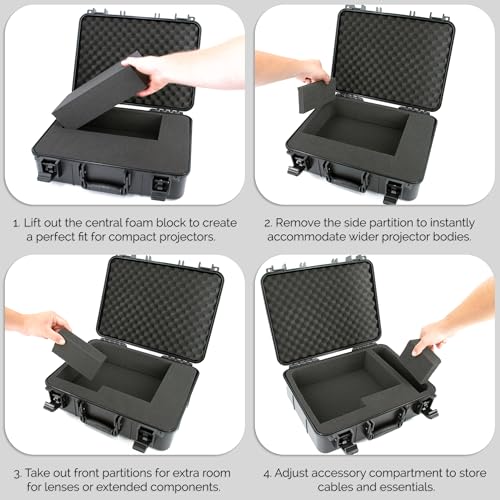 Hard Shell Projector Travel Case Compatible With Epson Vs250 Svga, Vs350 Xga, Vs355 Wxga Projectors With Hdmi Cable And Remote In Custom Foam Compartments, Case Only